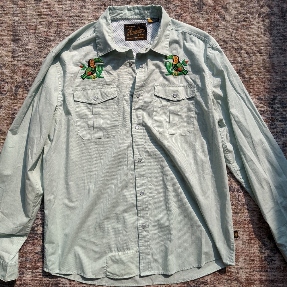 Howler brothers gaucho shirt, toucan, seafoam green, large